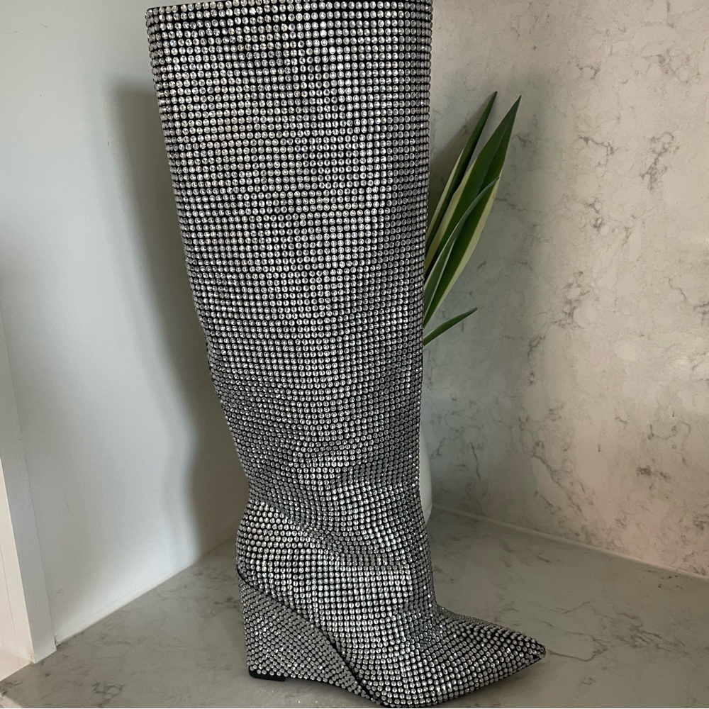 Silver Embellished Knee-High Wedge Boot - Women - Picture 2 of 12